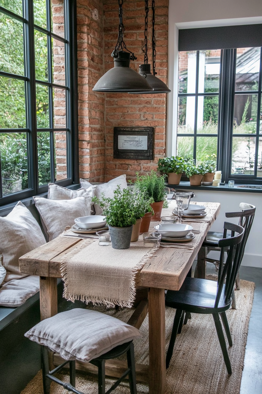 Rustic breakfast nook with weathered wood and earthy tones.