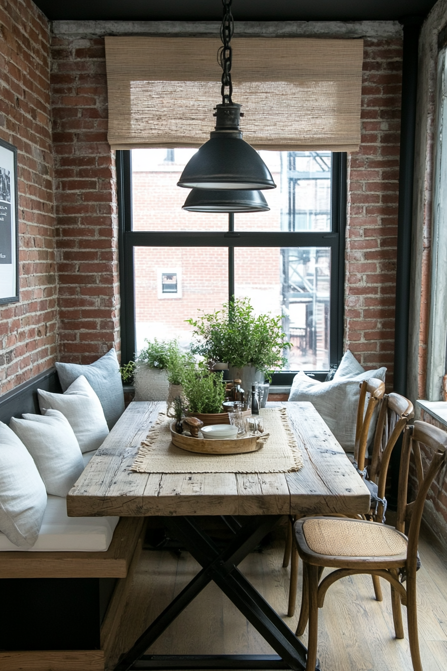 Natural textures and rustic finishes in a farmhouse breakfast nook.