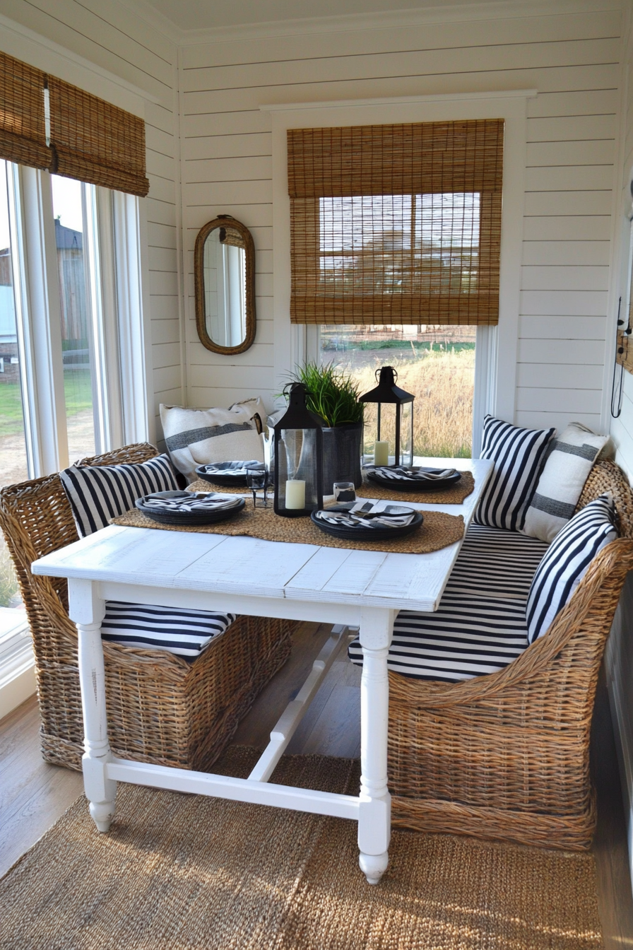 Coastal farmhouse breakfast nook with light wood and oceanic tones.