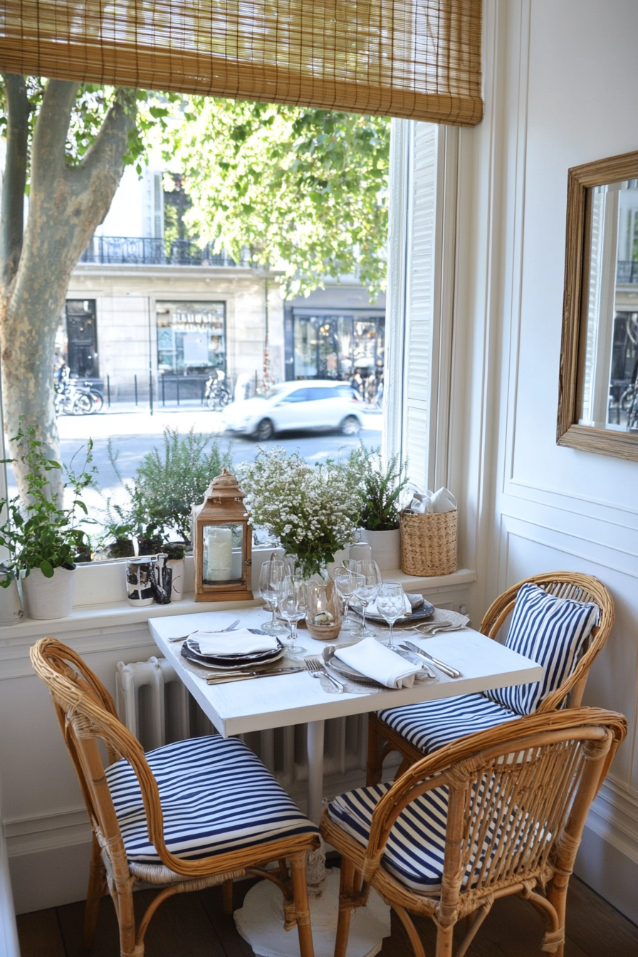 Nautical-themed decor and light wood in a coastal nook.