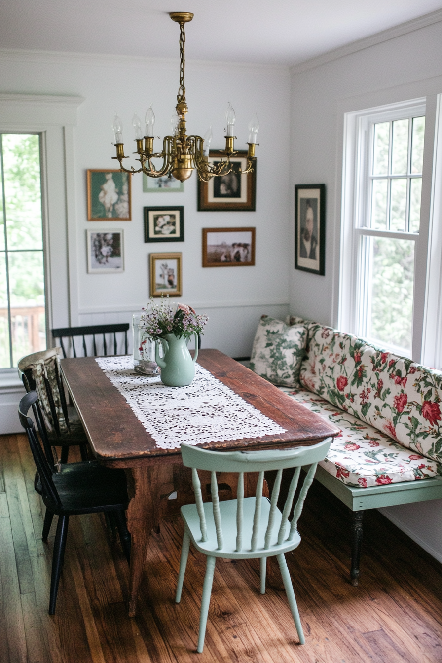 Vintage farmhouse breakfast nook with distressed finishes and retro decor.