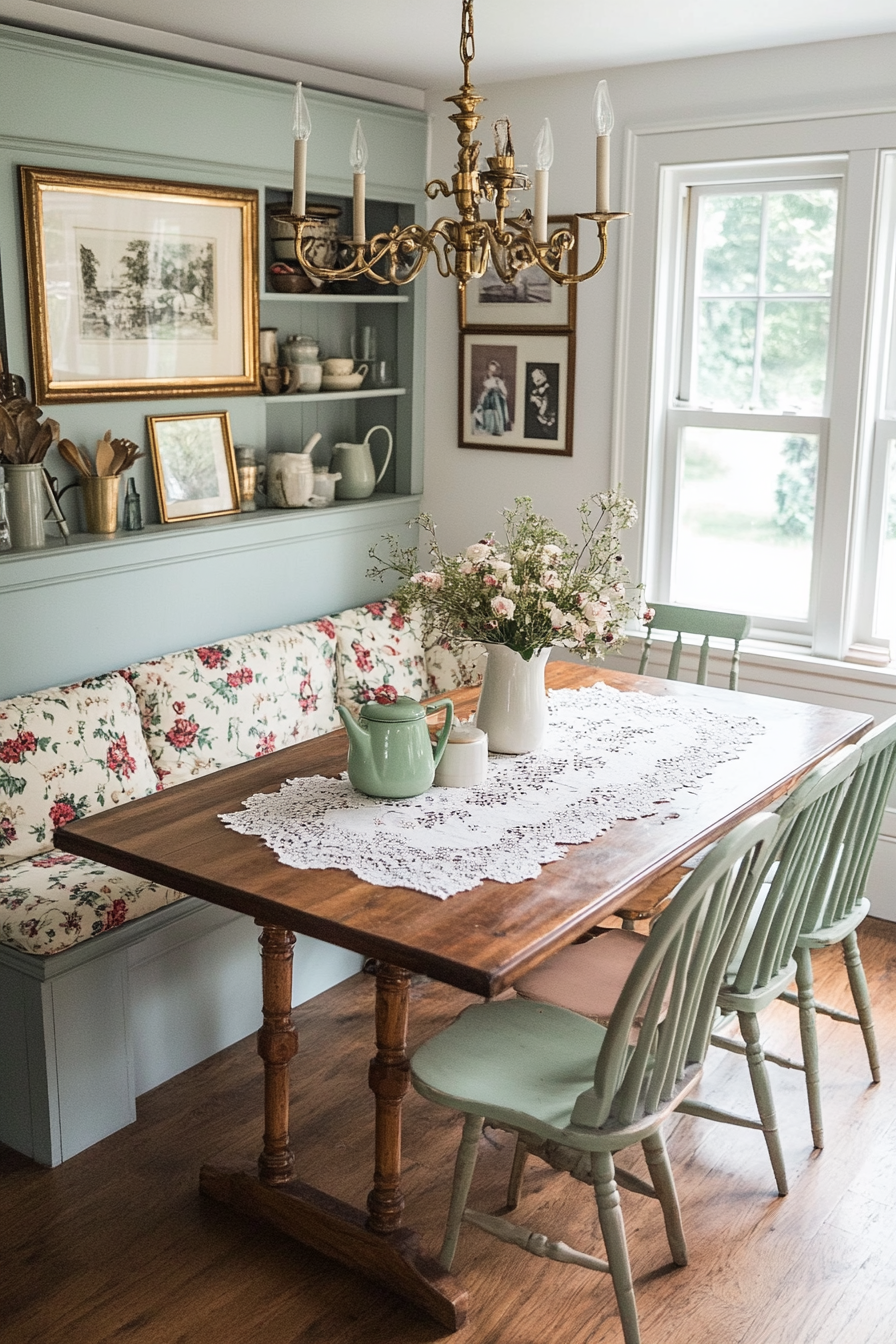 Floral and gingham textiles in a vintage farmhouse nook.