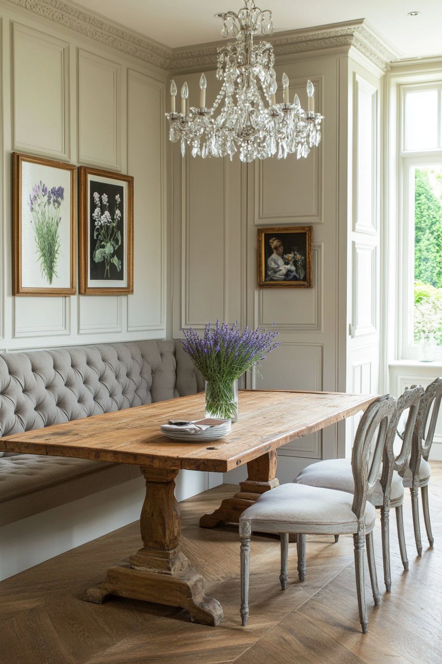 French farmhouse breakfast nook with rustic elegance and soft neutrals.