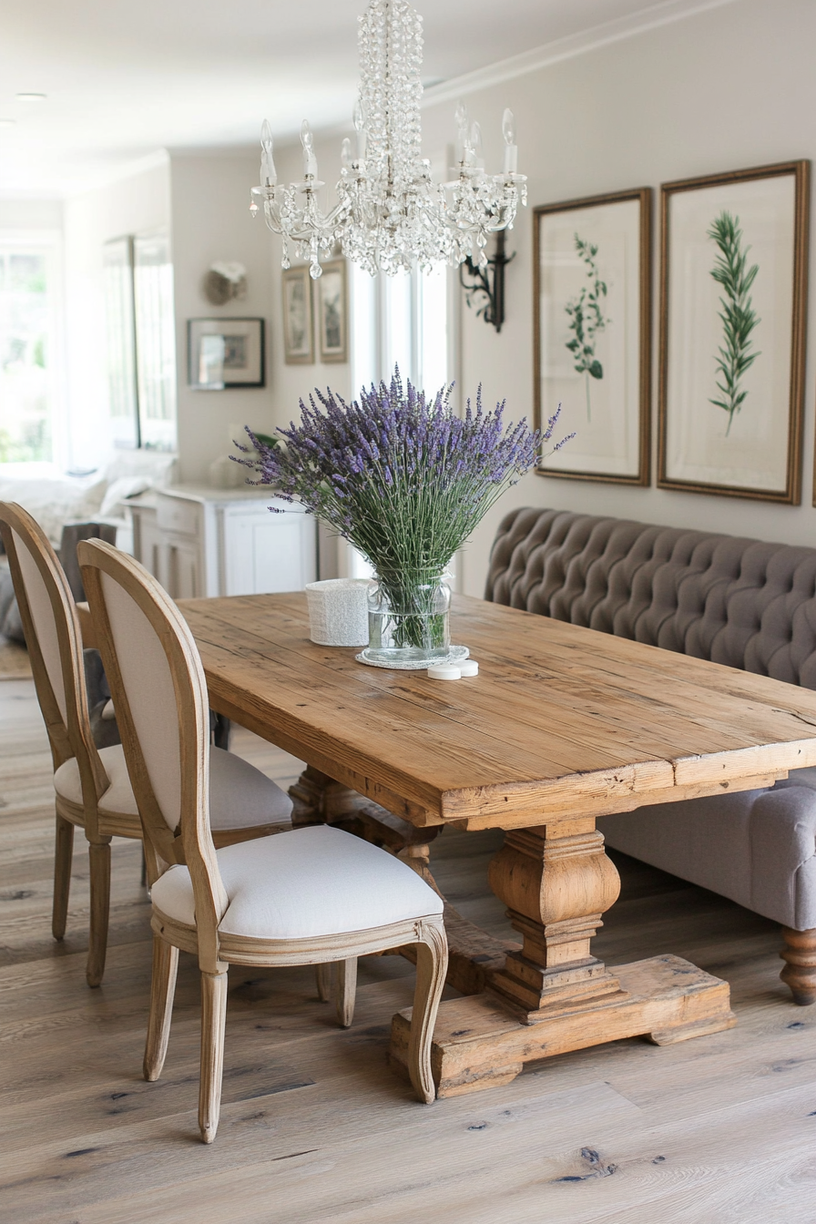 Lavender and light linens in a French farmhouse breakfast nook.