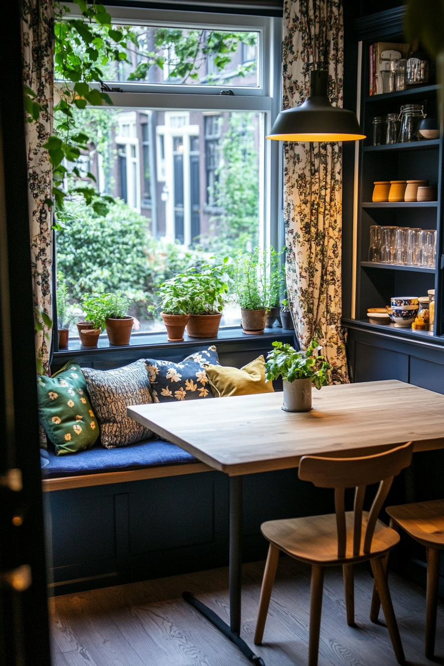 Breakfast nook near a window with natural light and soft textiles.