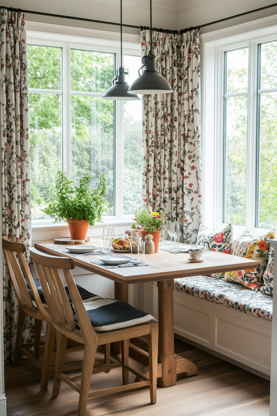 Window-side breakfast nook with cozy seating and plants.
