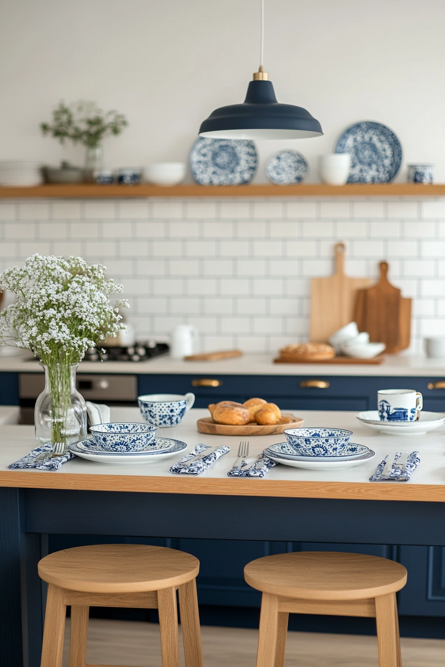 Soft blue accents in French kitchen