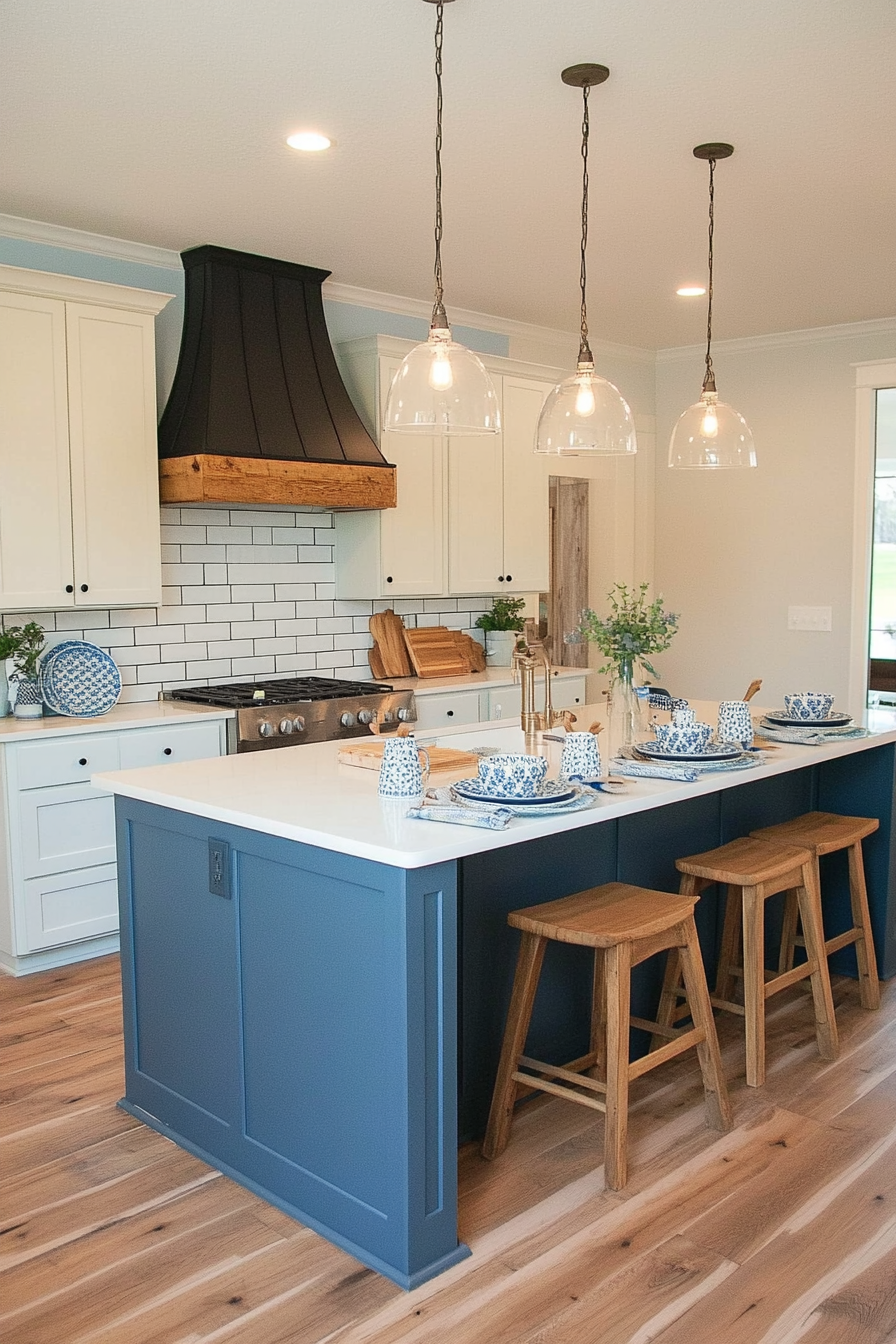 Blue tiles and soft fabrics in French kitchen