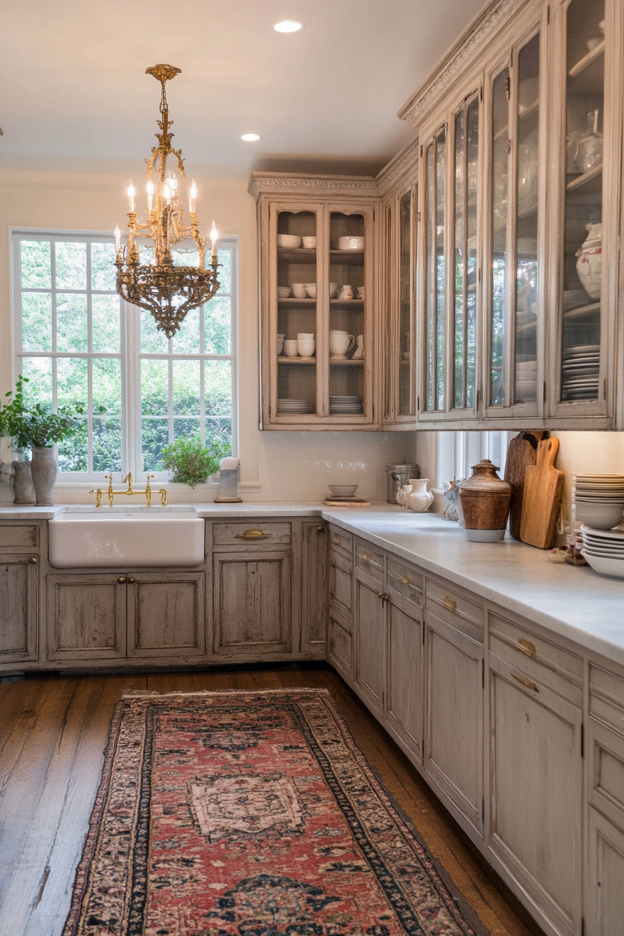 Farmhouse sink and vintage china in French kitchen
