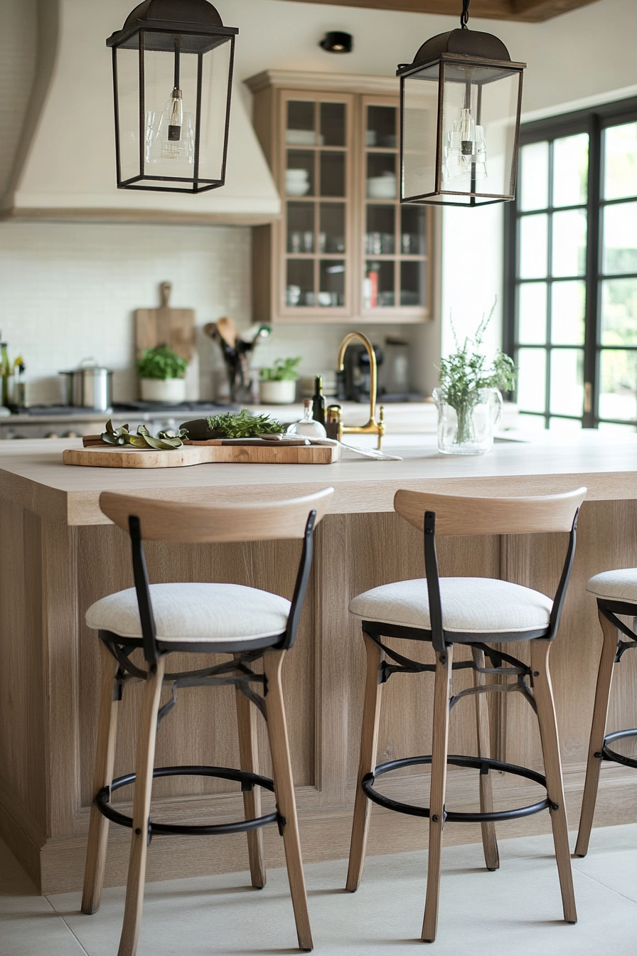 Curved and upholstered bar stools in French kitchen