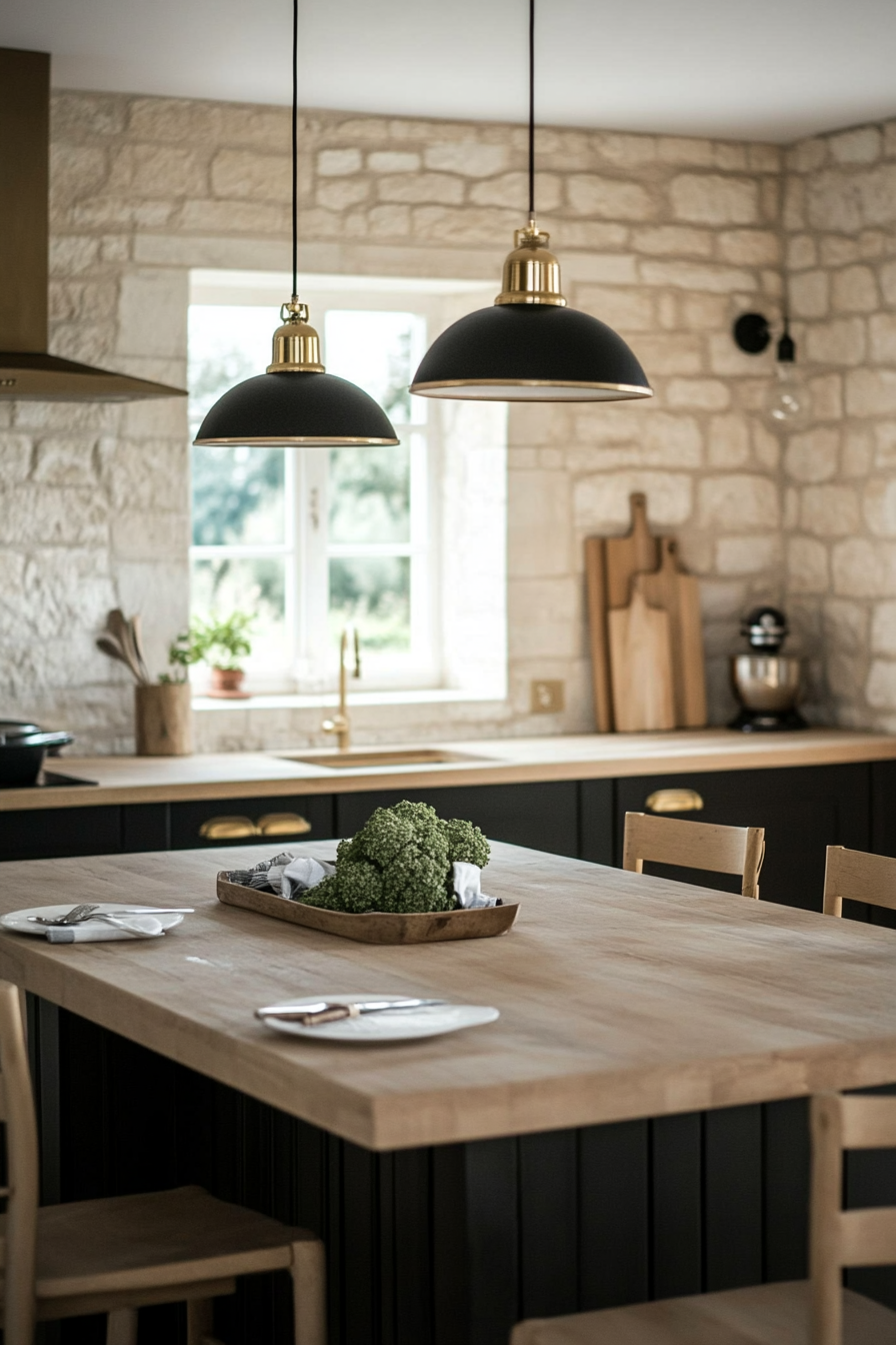 Rustic lantern-style pendant lights in French kitchen