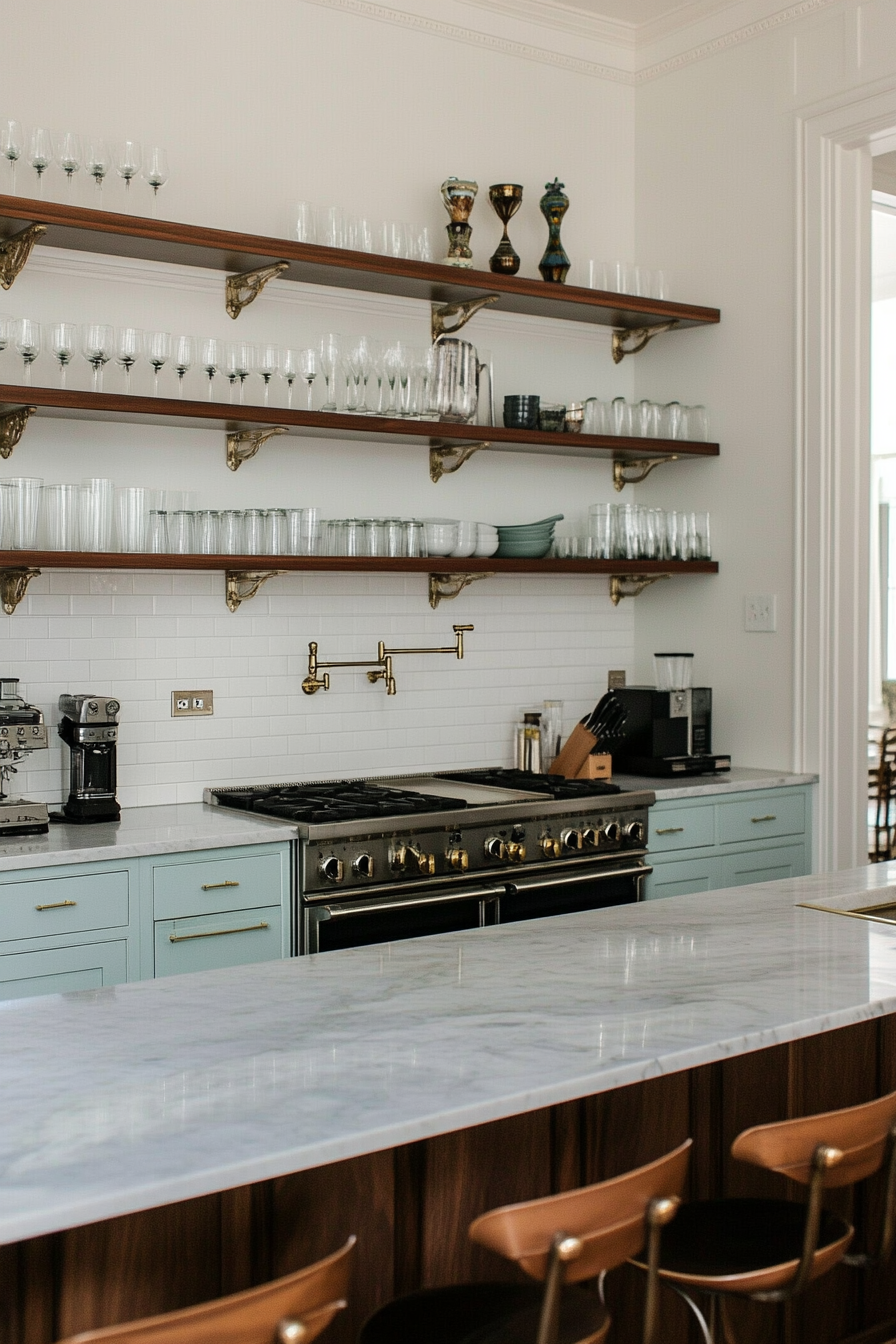Elegant open shelving and muted tones in a French kitchen