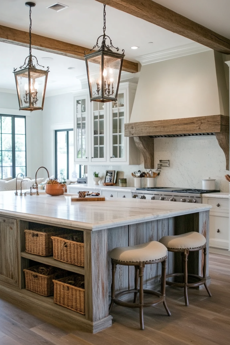 Bar stools and open shelving for French island design