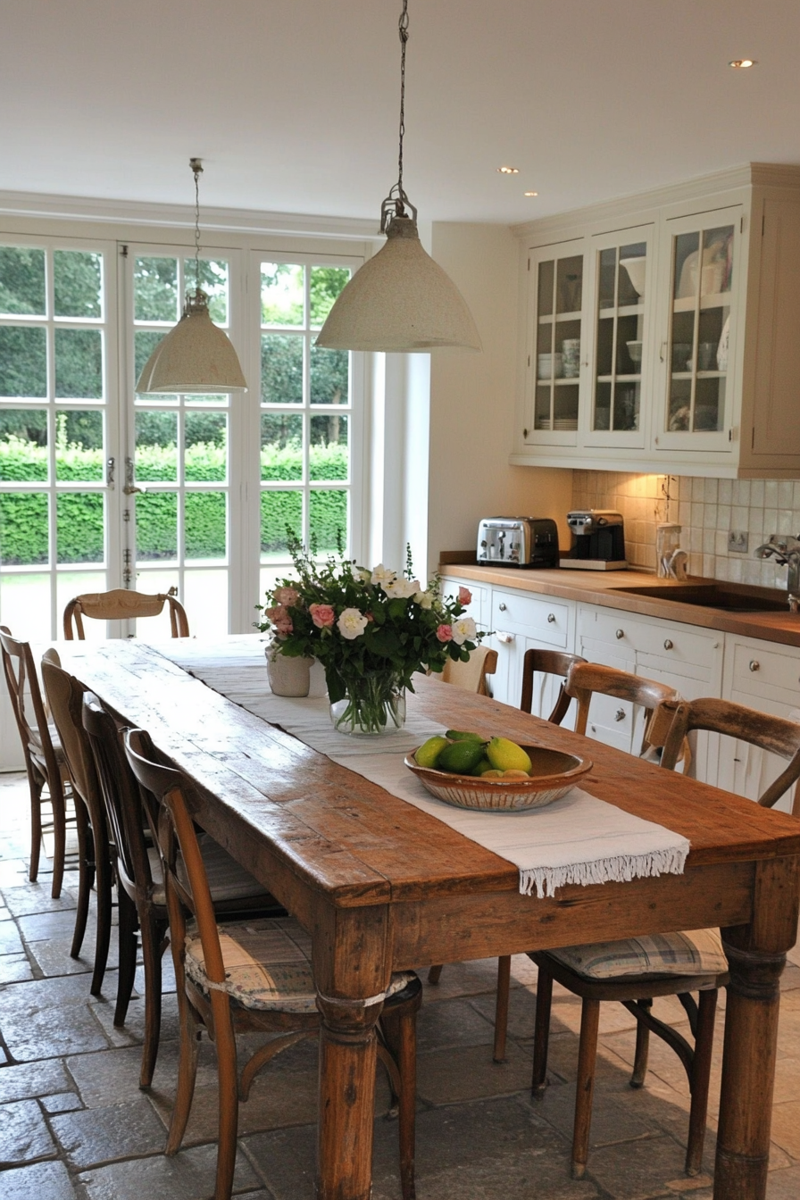 Mixed chairs and linens for a French kitchen table