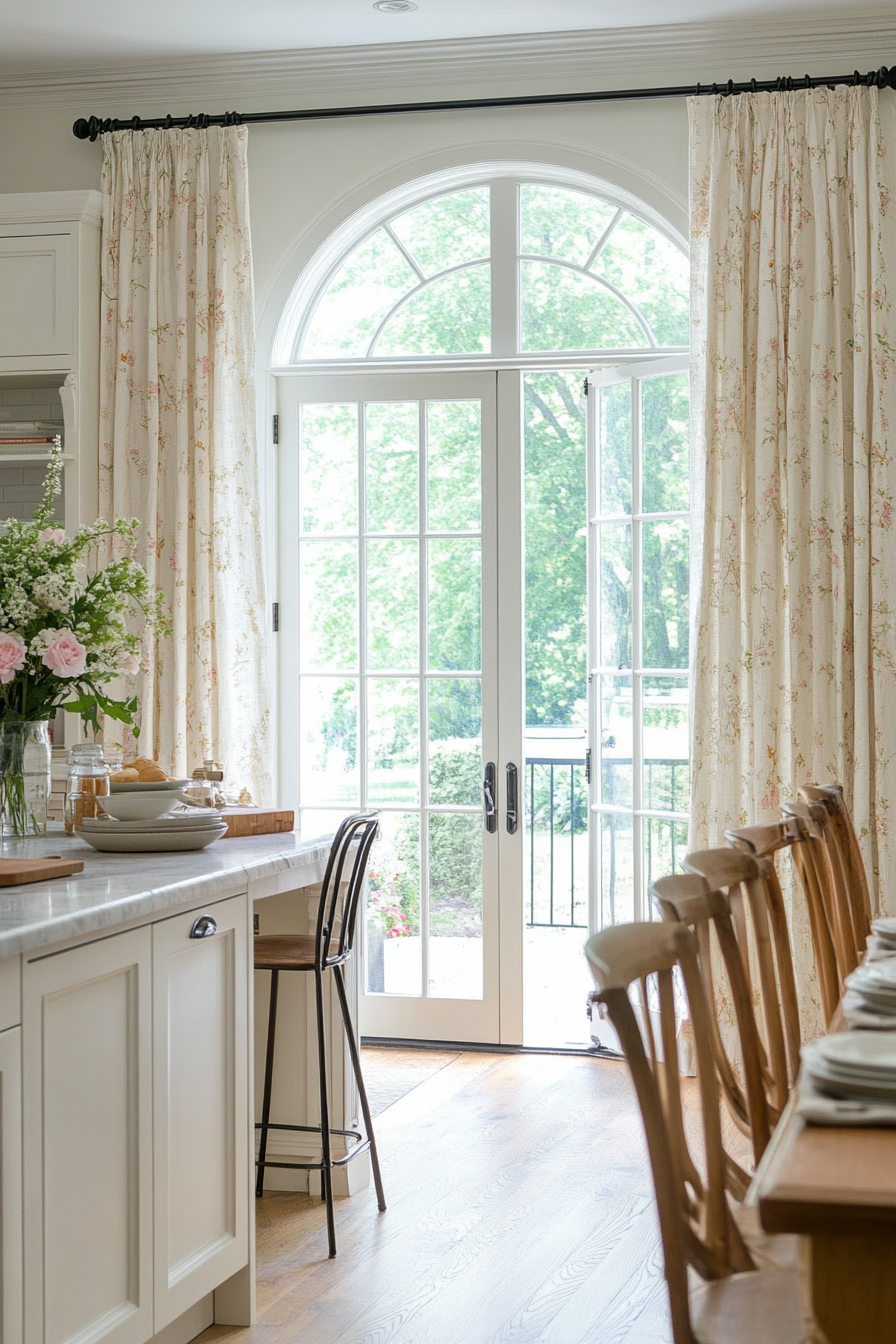 Soft linen curtains in French kitchen