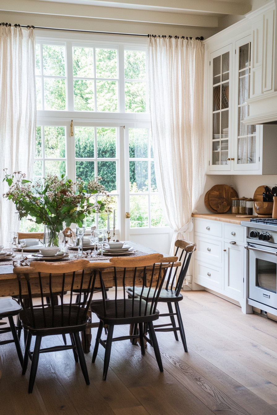 Floral patterns and sheer curtains in French kitchen