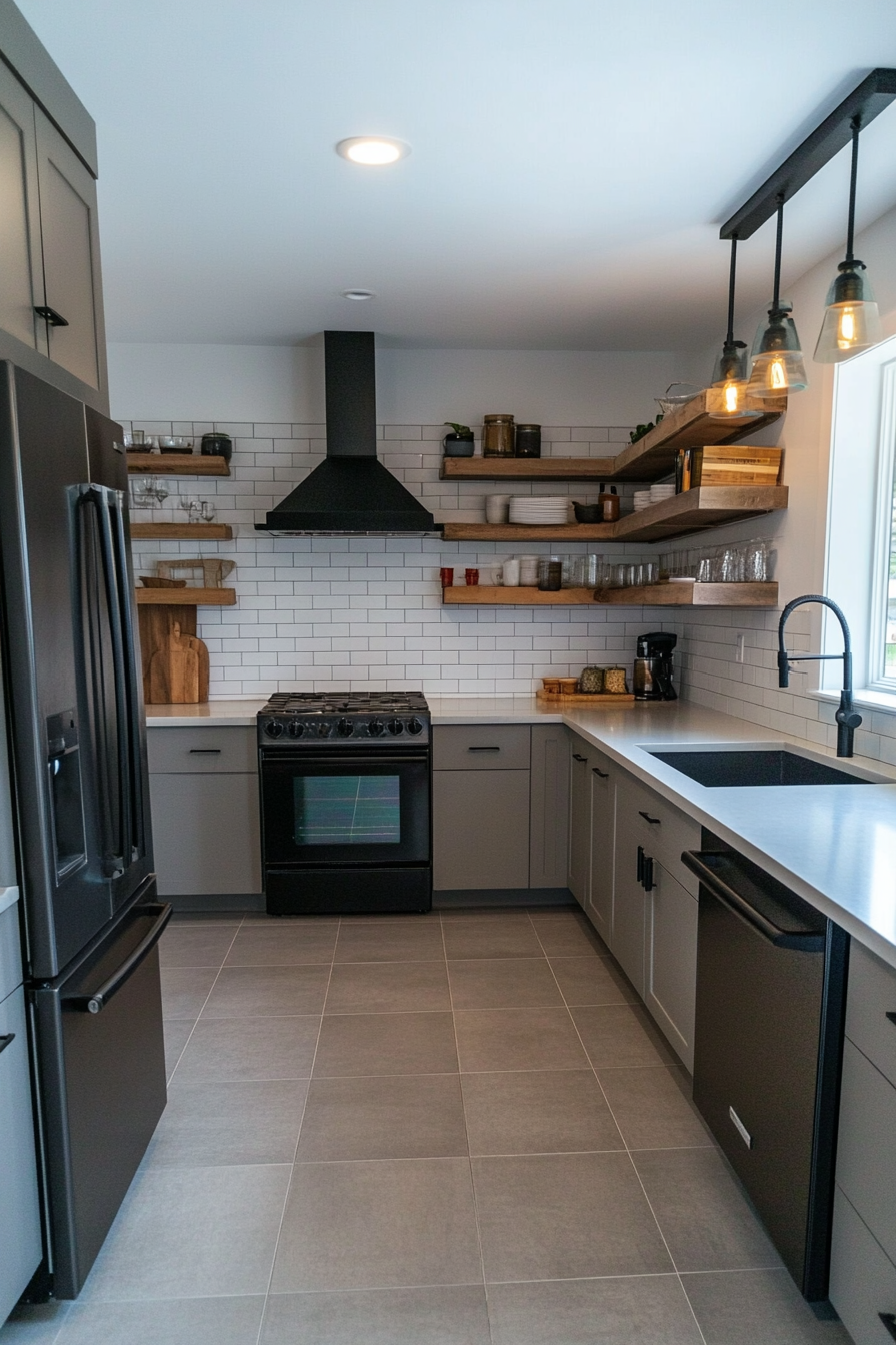 Cement-look tiles paired with sleek gray cabinets