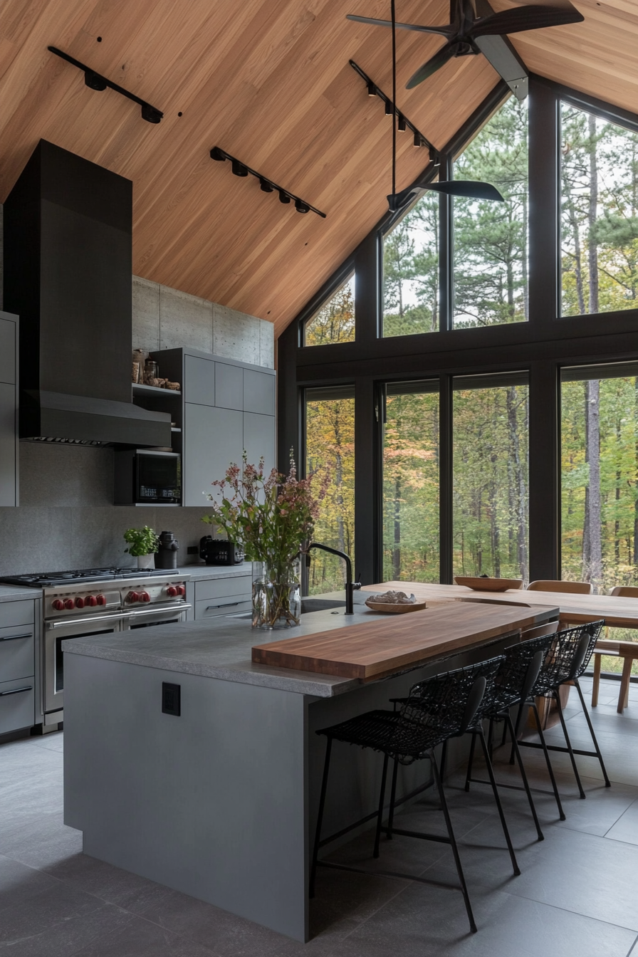 Industrial kitchen with cement-look tiles and smooth cabinetry
