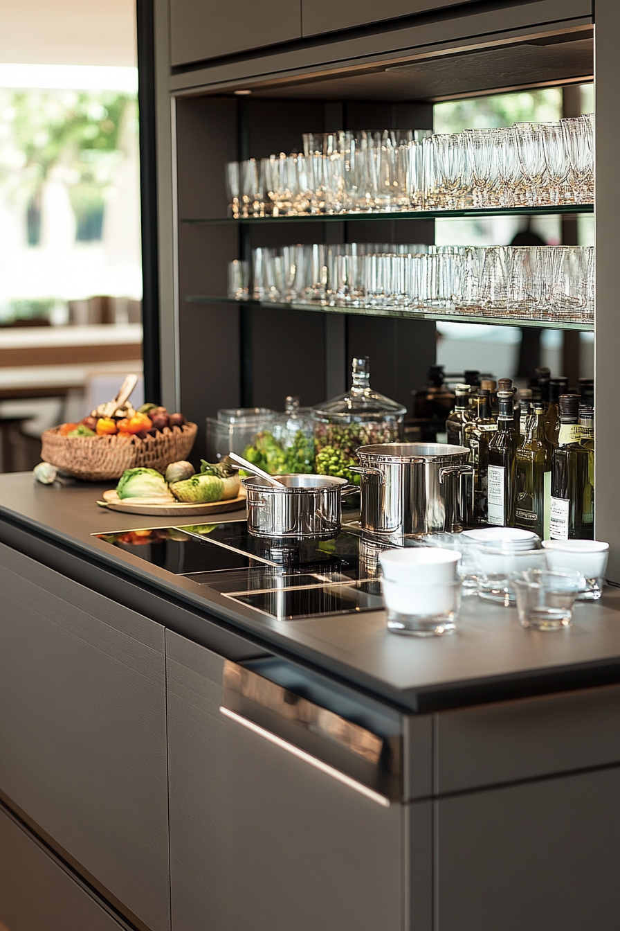 Layered gray kitchen with glass and reflective elements