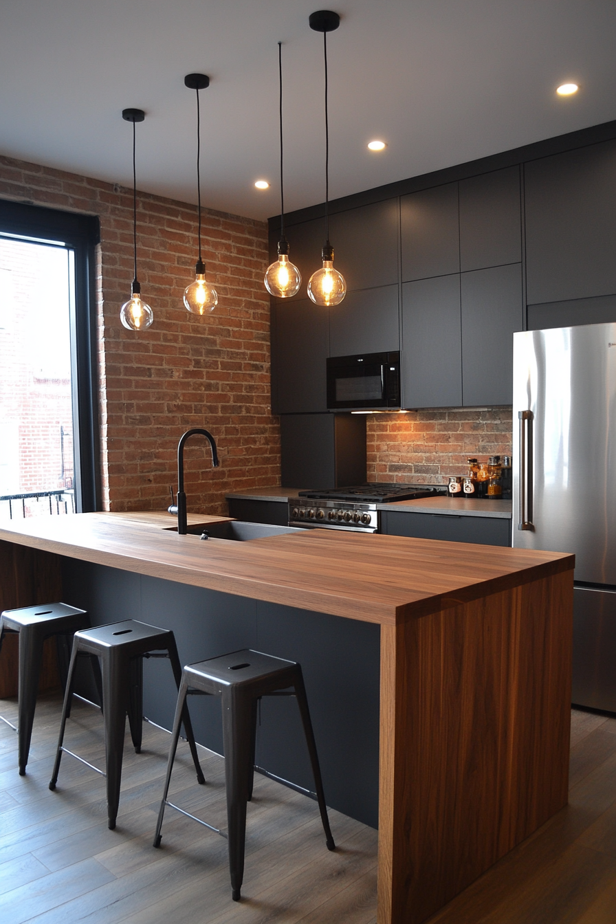 Urban loft kitchen with gray tones and exposed brick walls