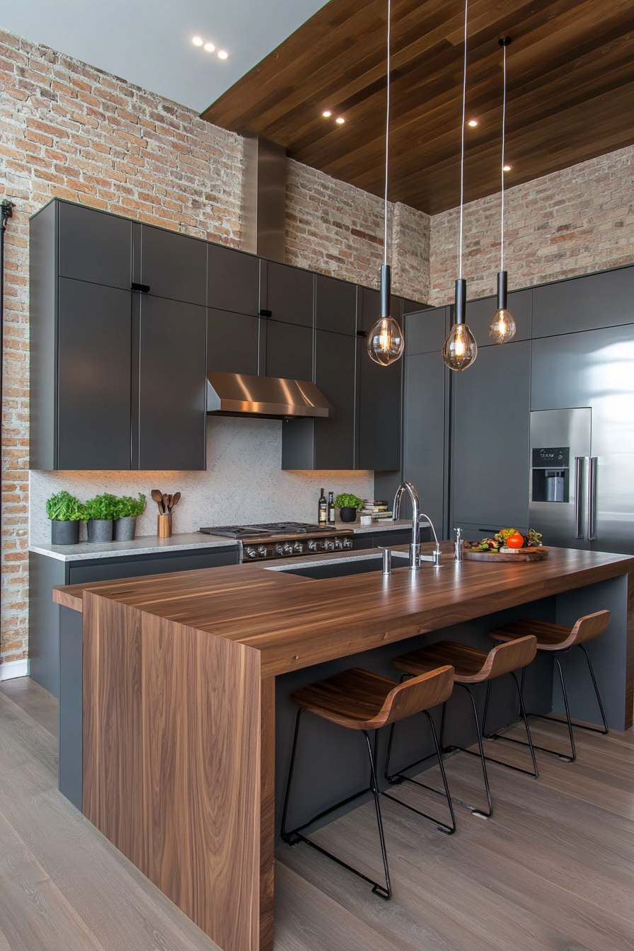 Urban kitchen with gray cabinets and industrial lighting