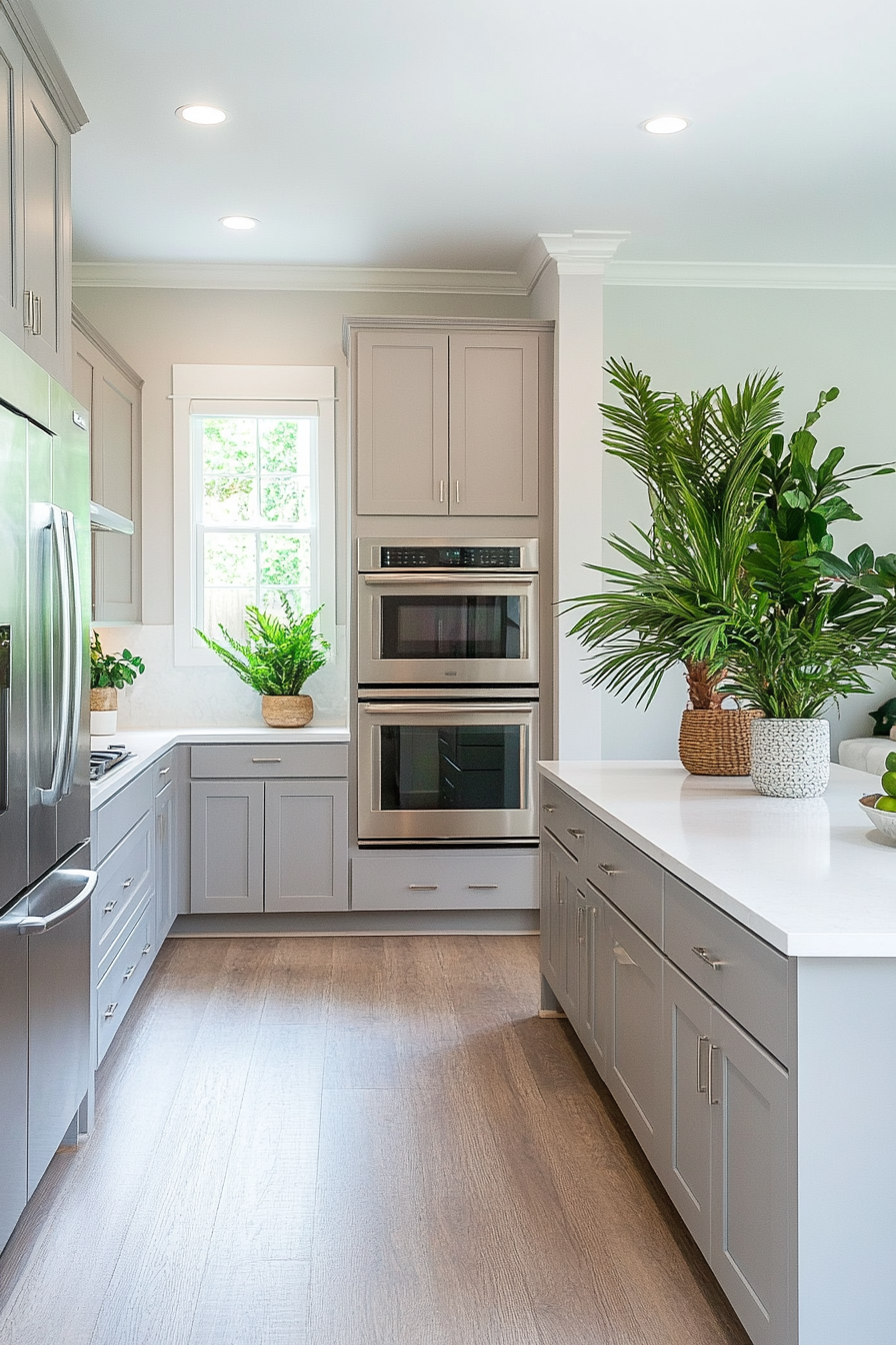 Soft gray kitchen with lush green plants