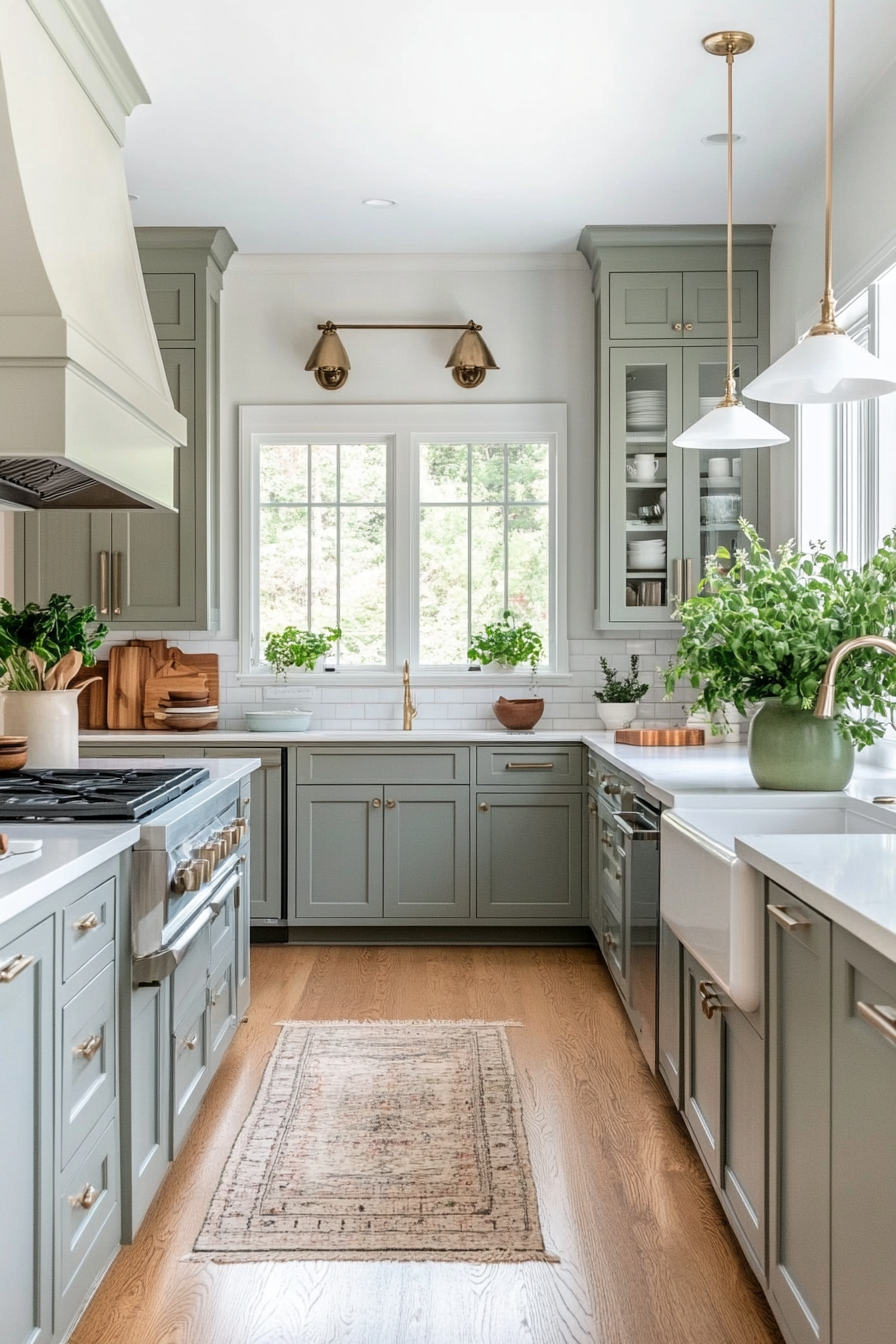 Bright kitchen with gray tones and potted plants