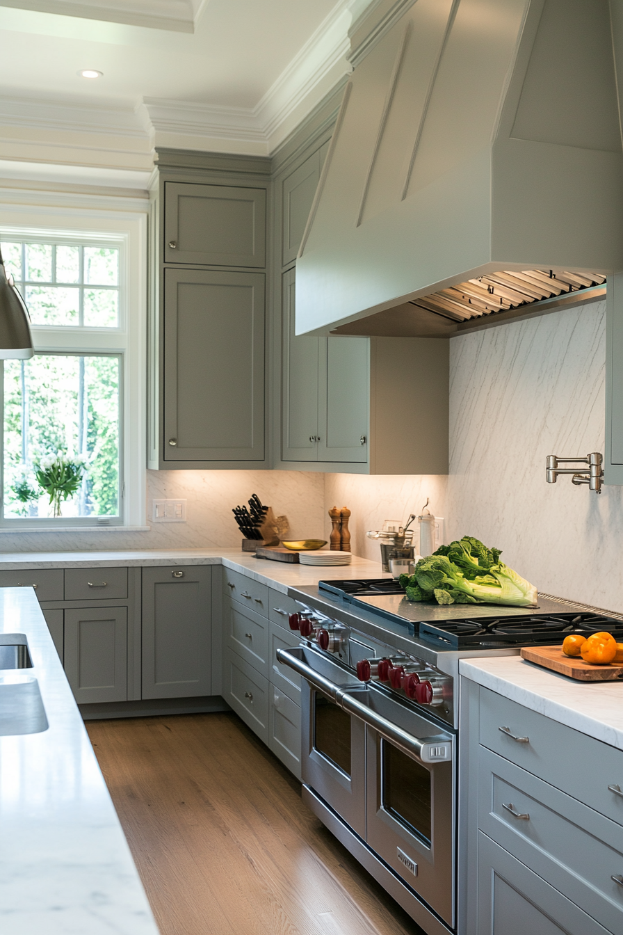 Minimalist kitchen with gray tones and soft lighting