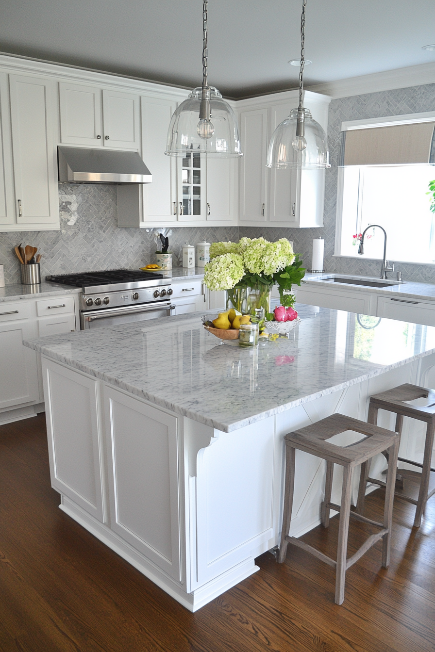 Close-up of marble-inspired gray backsplash with white accents and metallic touches