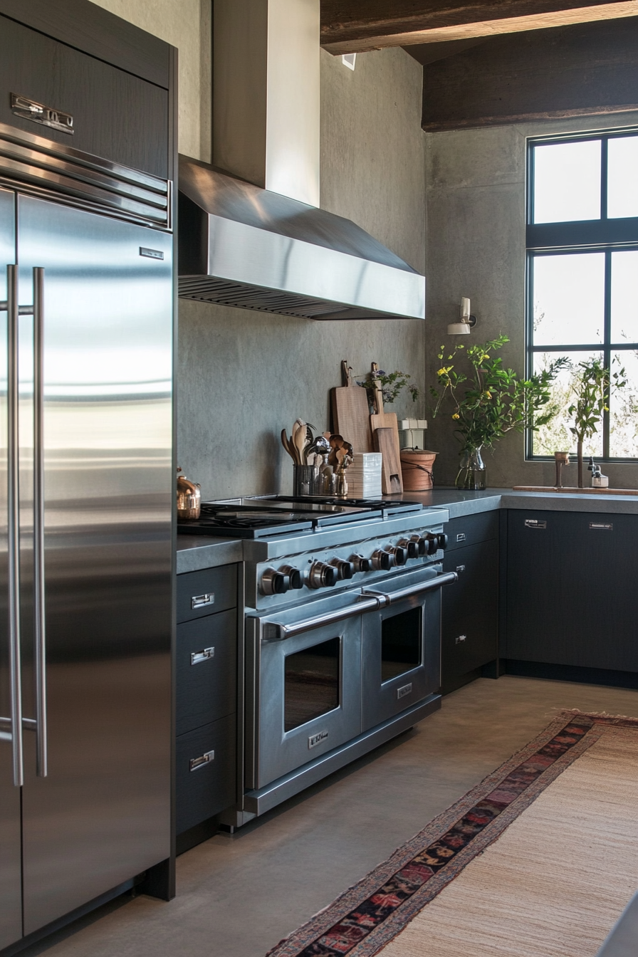 Industrial gray kitchen with brushed steel appliances