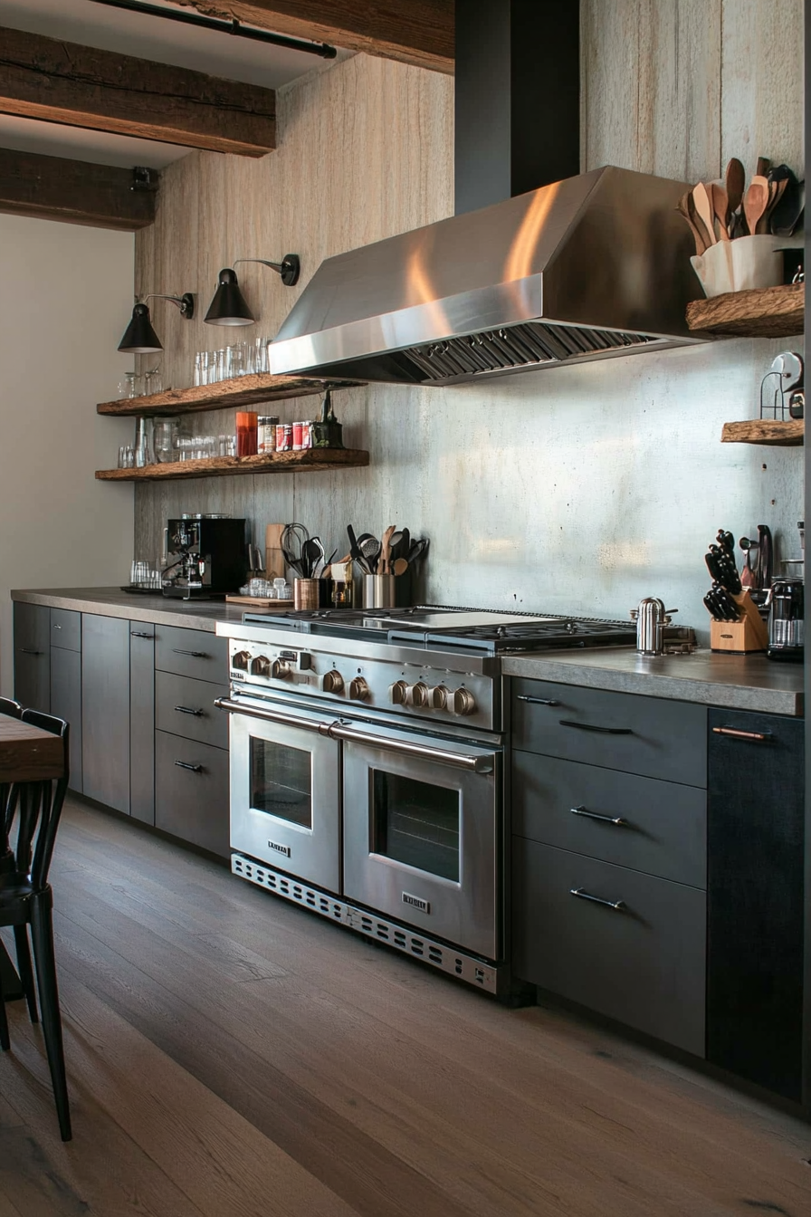 Brushed steel appliances with industrial gray kitchen styling