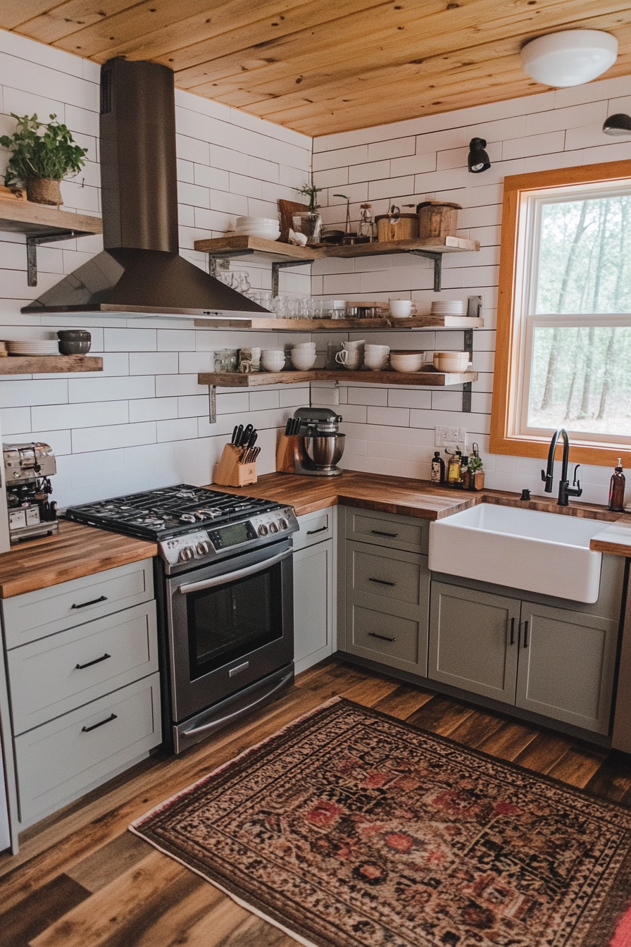 Dove gray kitchen paired with warm wood accents