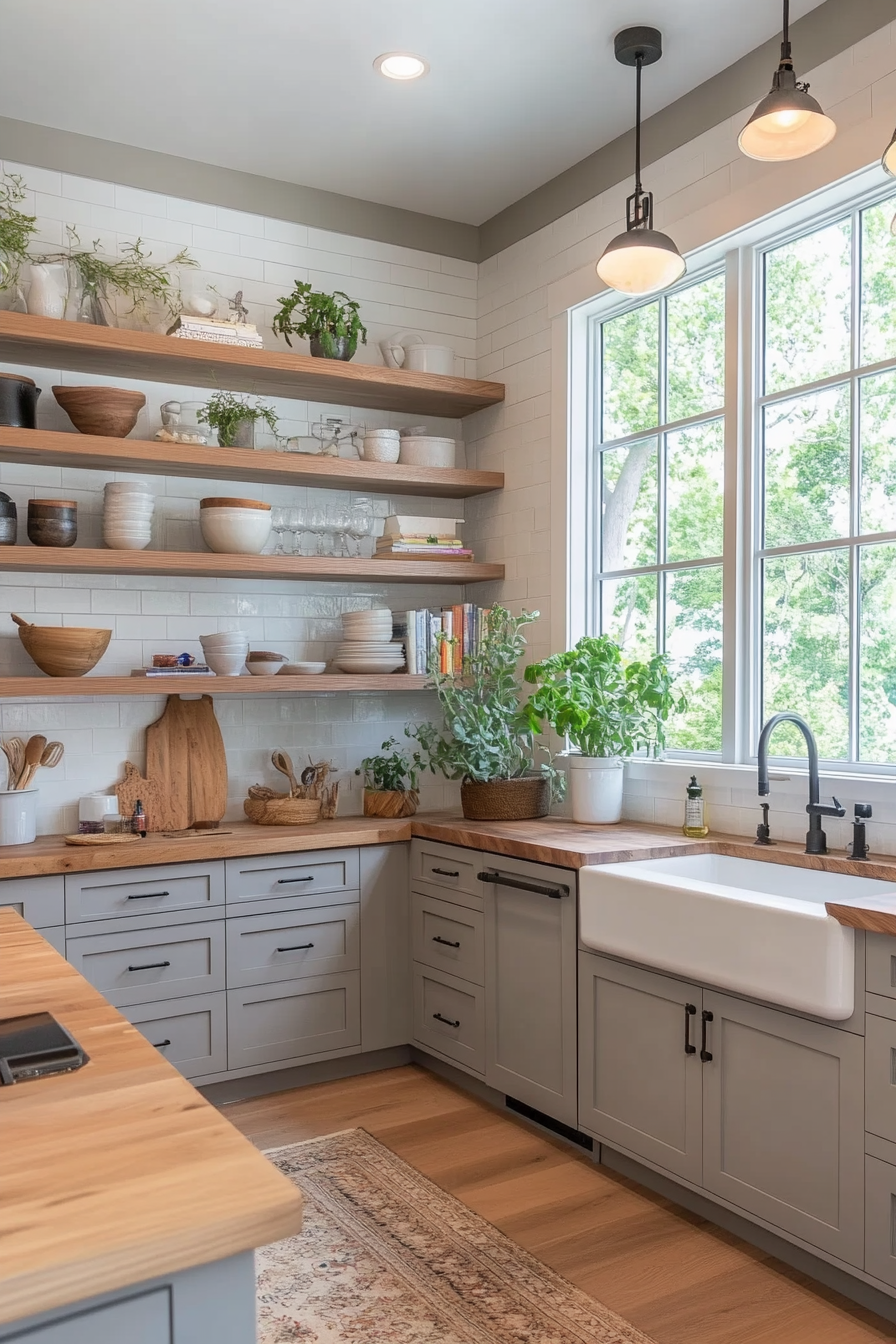 Scandinavian-inspired light gray kitchen with natural textures