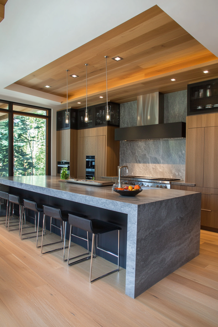 Modern cool gray kitchen with a waterfall island