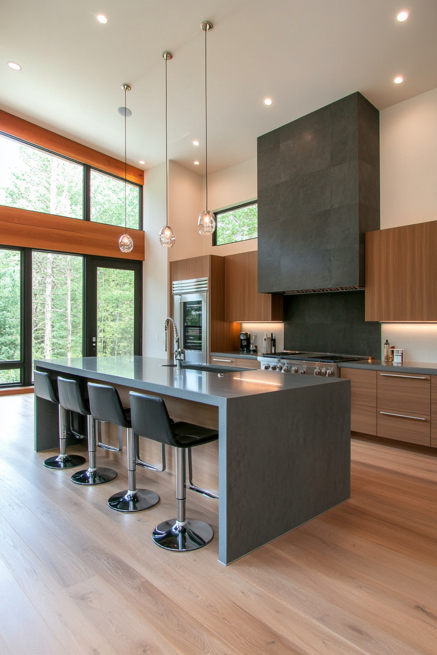 Cool gray waterfall island with modern seating