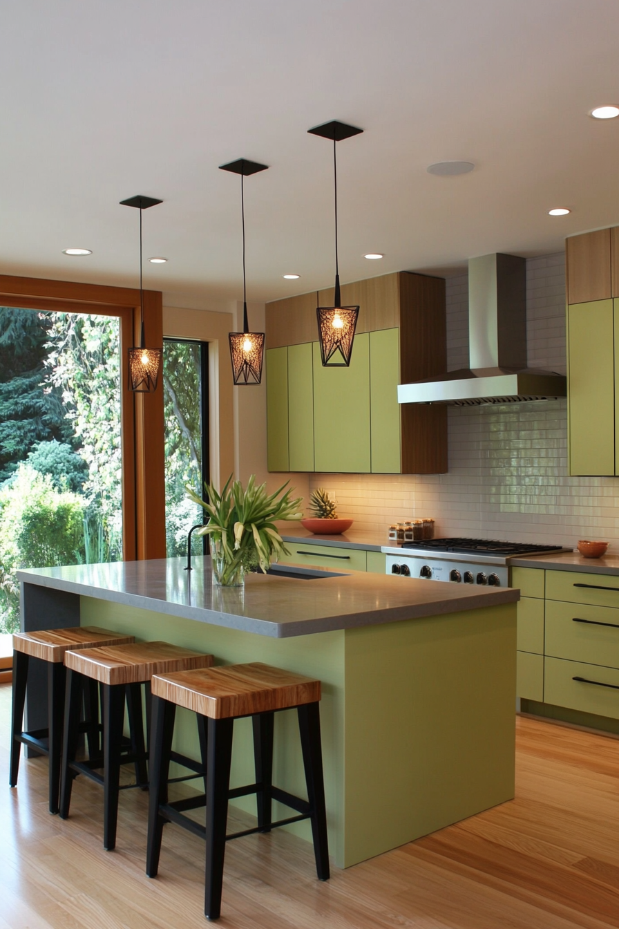 Soft celery green cabinets with smooth contemporary finishes