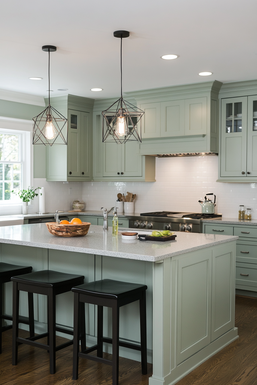 Soft celery green cabinets styled with neutral decor and metallic accents