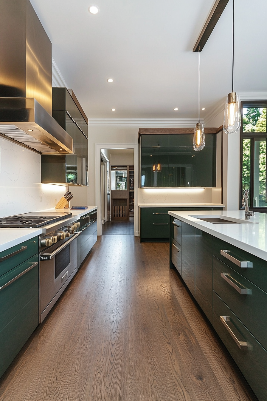 Jade green handleless cabinets with a seamless design