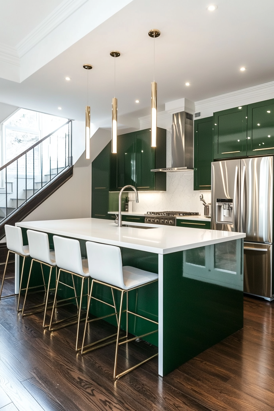 Jade green handleless cabinets with a high-gloss finish