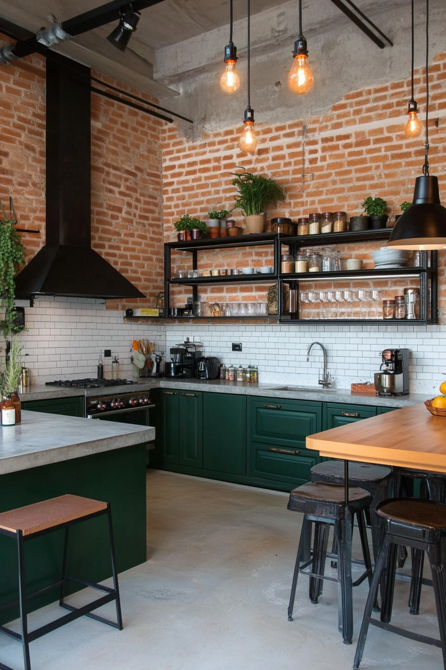 Kelly green cabinets with industrial decor and exposed elements