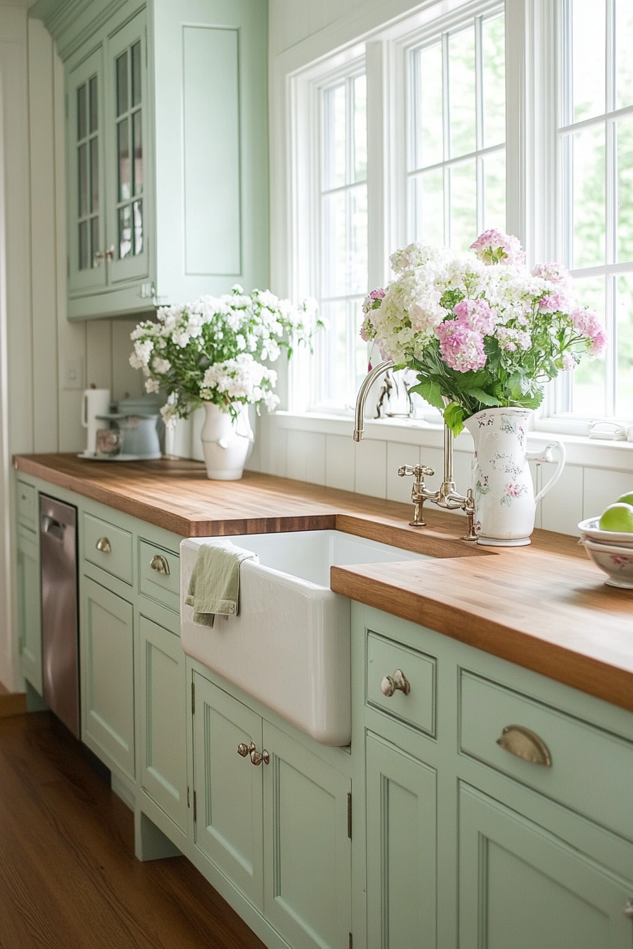 Pastel green cabinets in a charming farmhouse kitchen