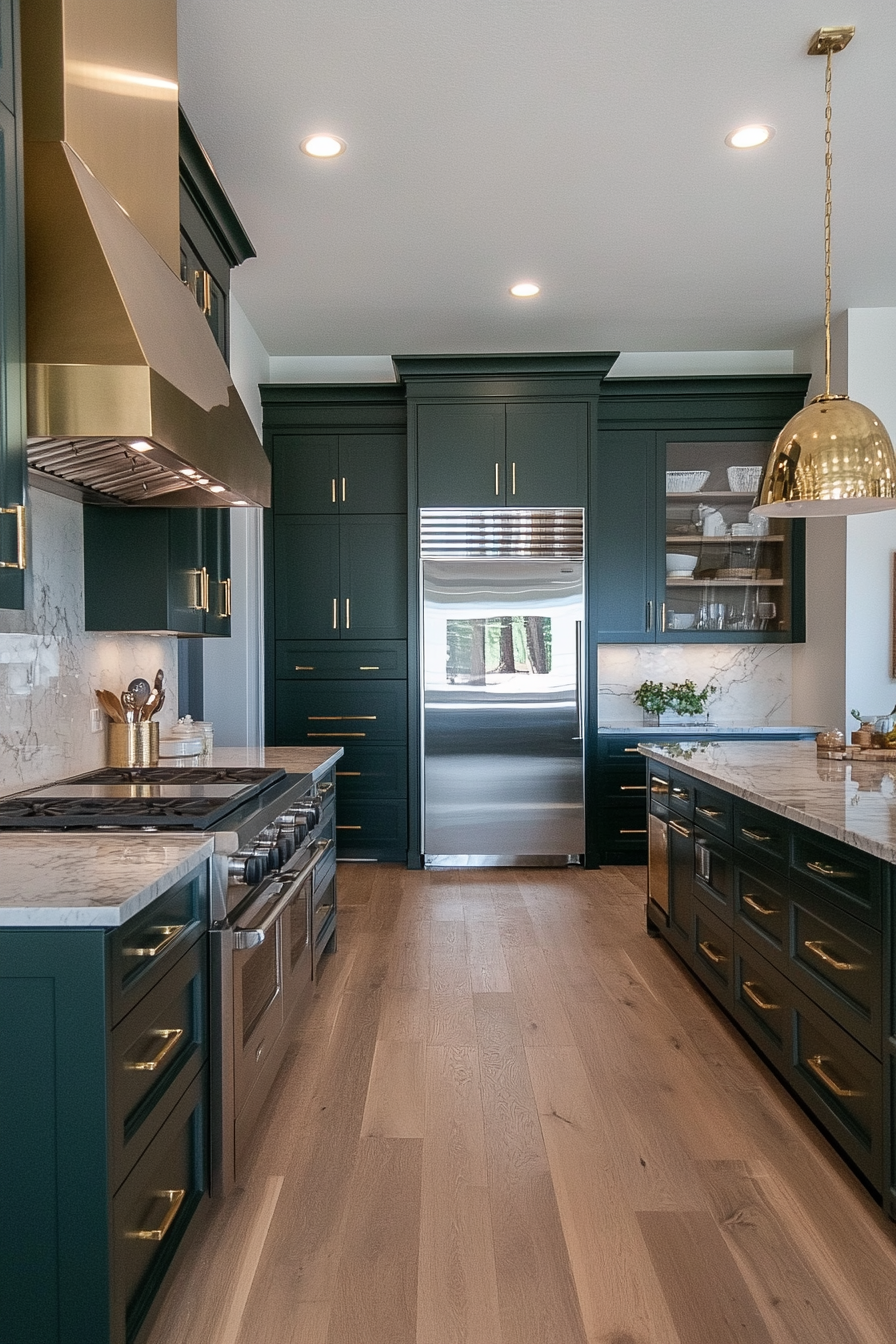 Rich green high-gloss cabinets in a luxurious kitchen