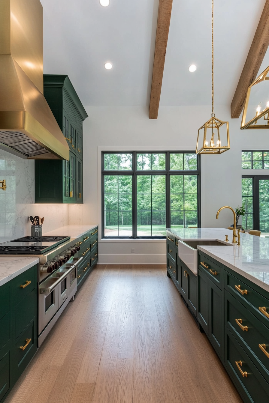 Rich green high-gloss cabinets with luxurious accents