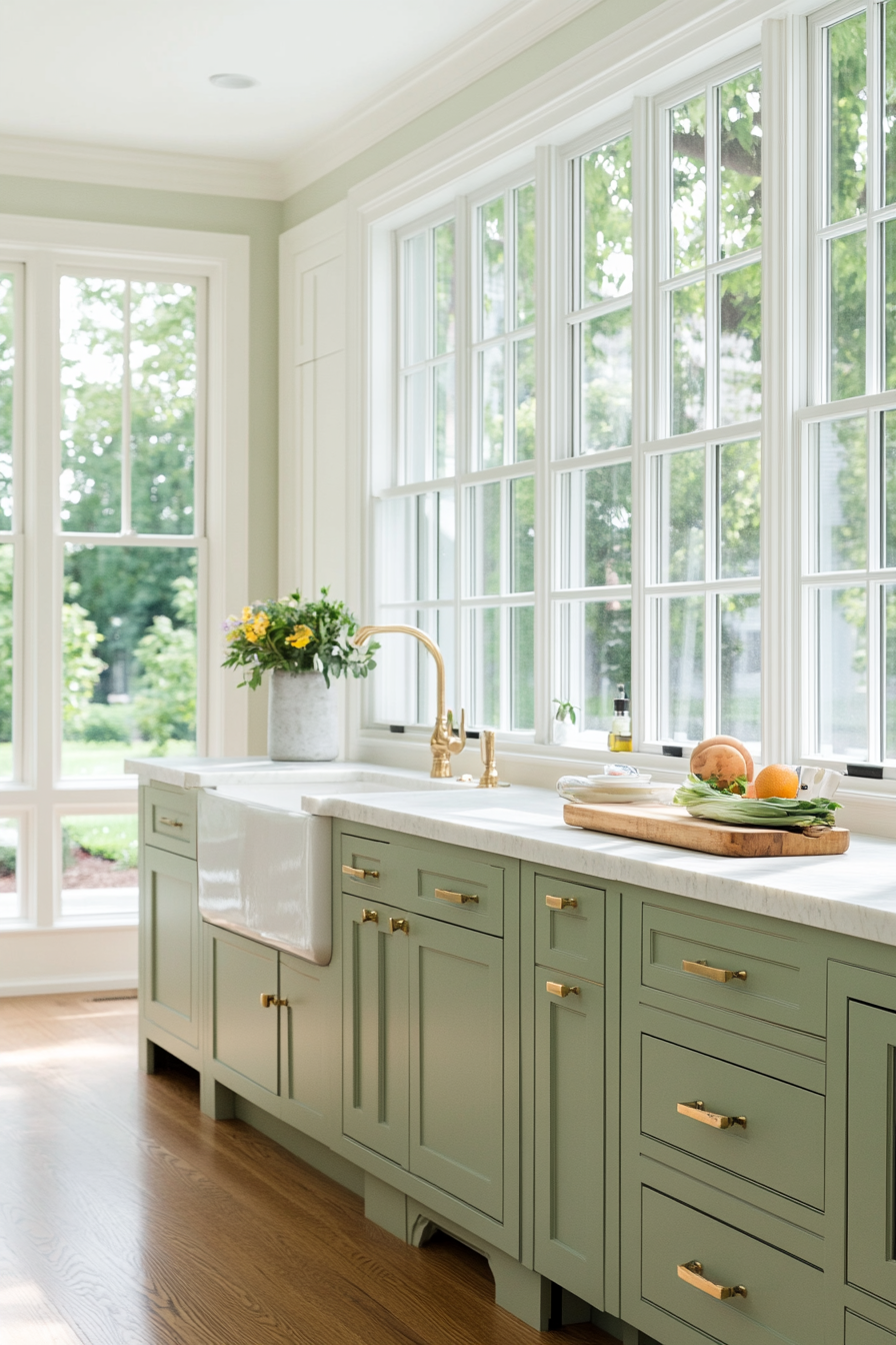 Alternative view of sage green cabinets with brass hardware in a cozy setting