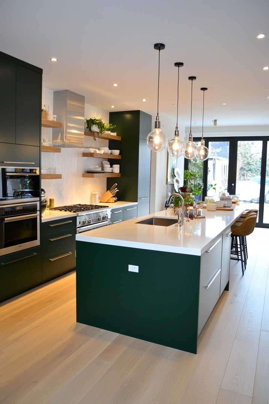 Emerald green flat-panel cabinets with a matte finish for a contemporary kitchen