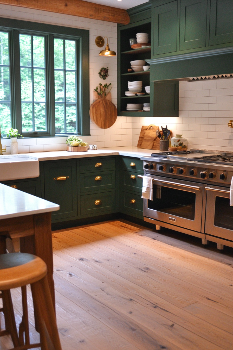 Forest green shaker cabinets styled in a rustic-modern kitchen