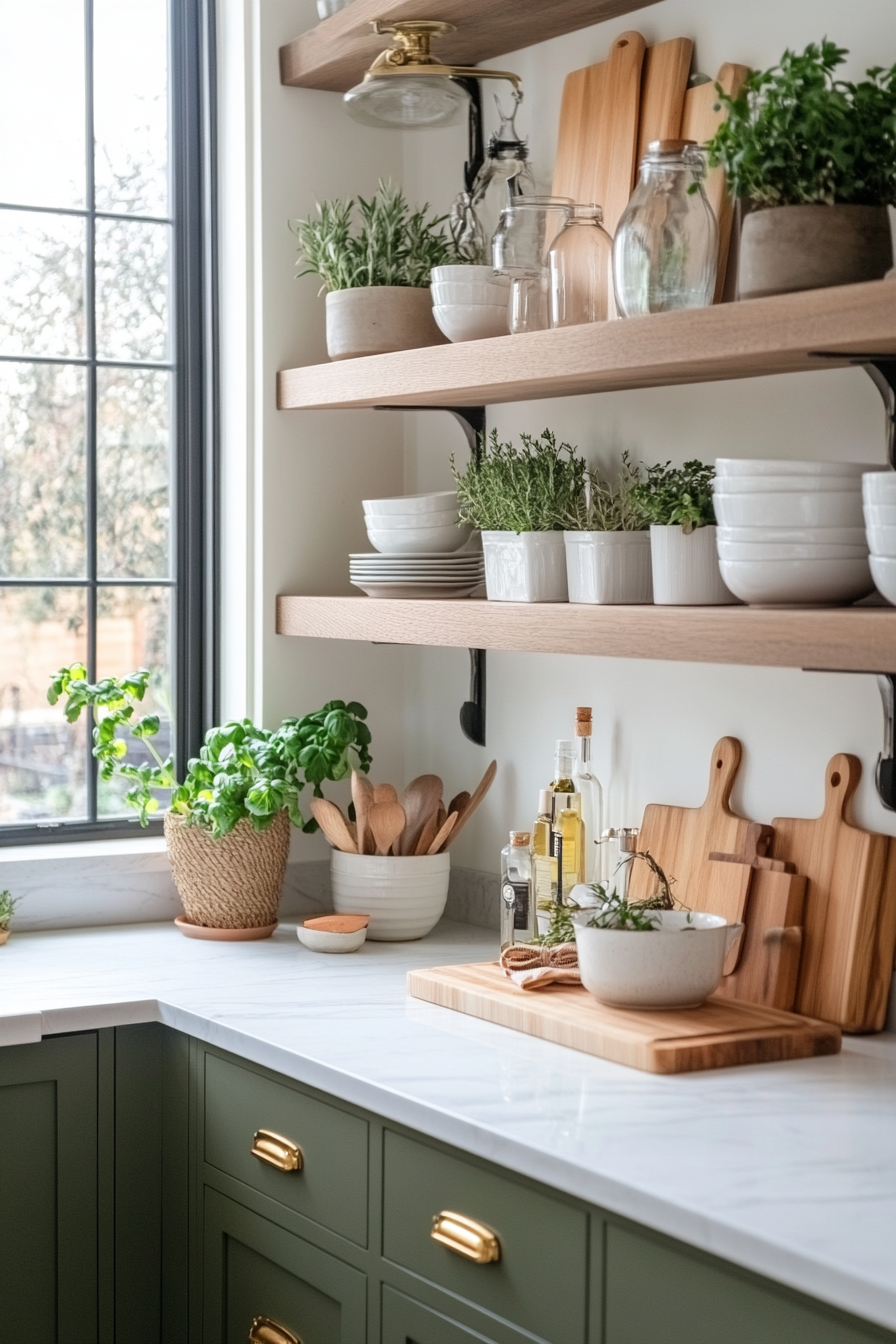 Olive green cabinets paired with white marble countertops