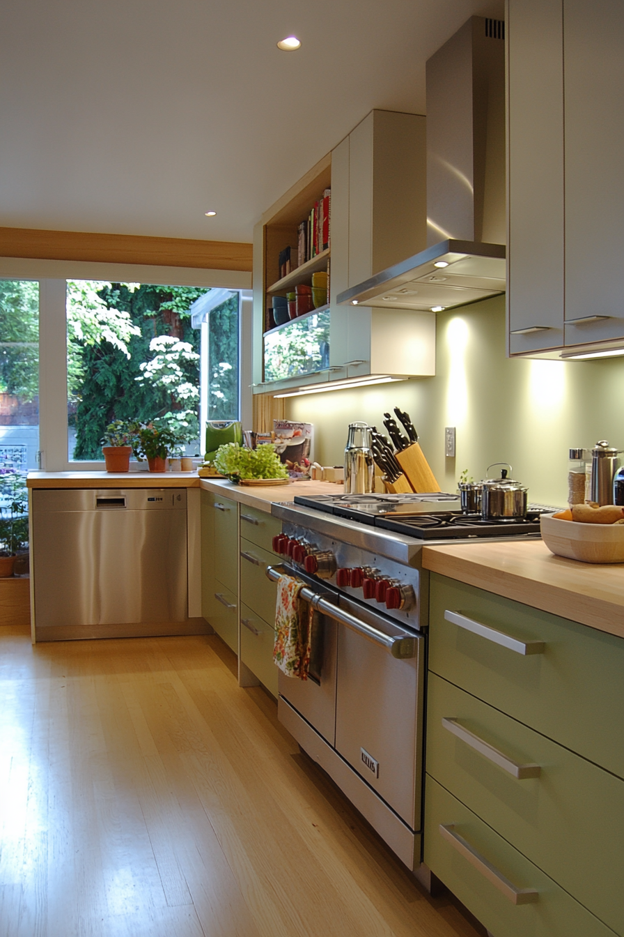 Light pistachio green cabinets paired with white upper cabinets for a fresh look