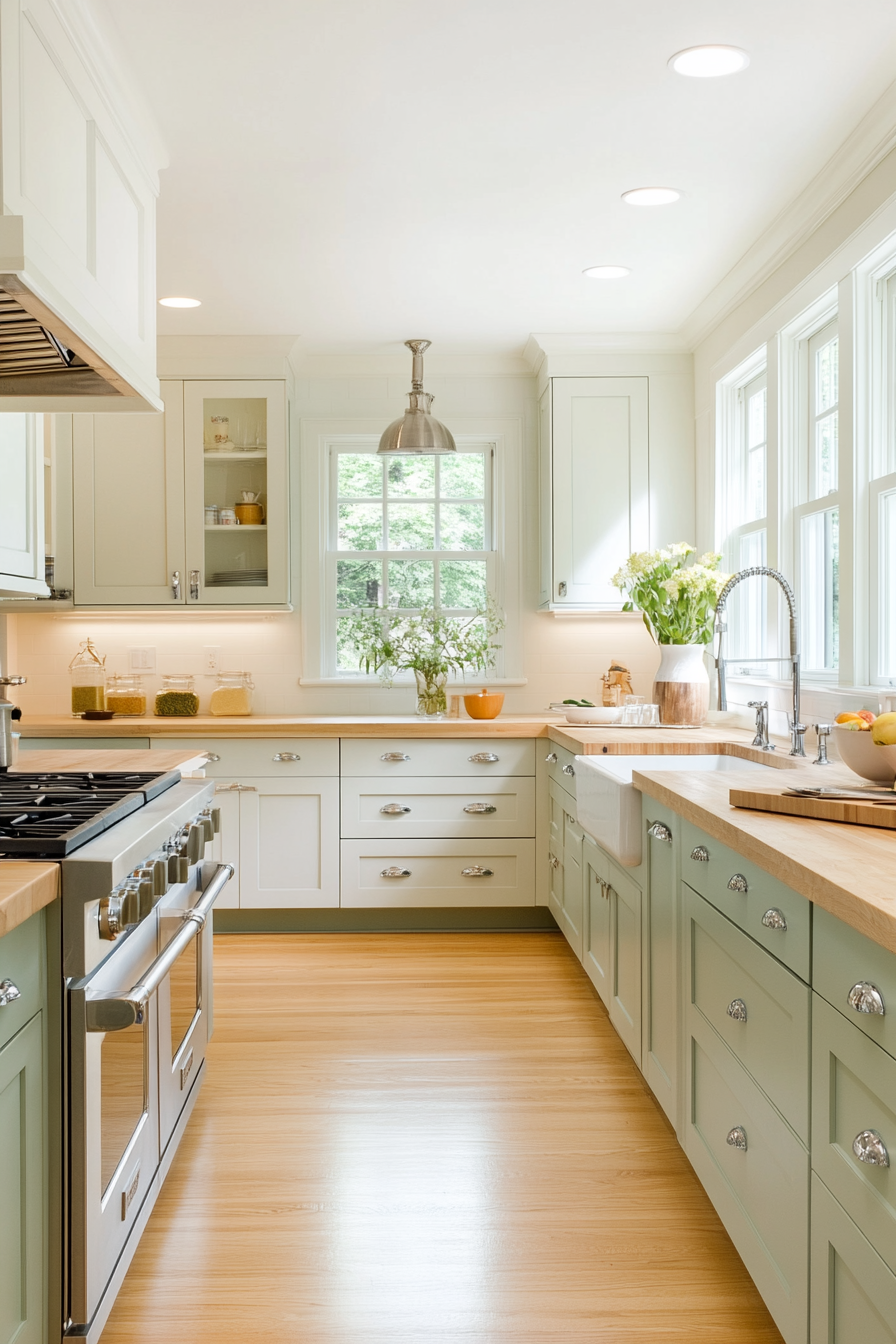 Light pistachio green and white cabinets in a bright and fresh kitchen