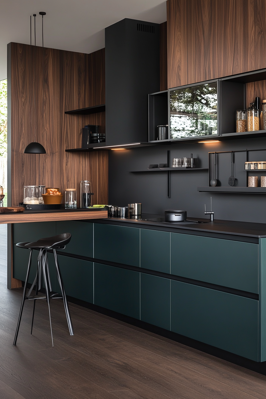 Deep teal cabinets styled with modern decor and metallic accents